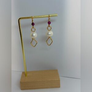Geometric Ruby and Pearl Drop Earrings